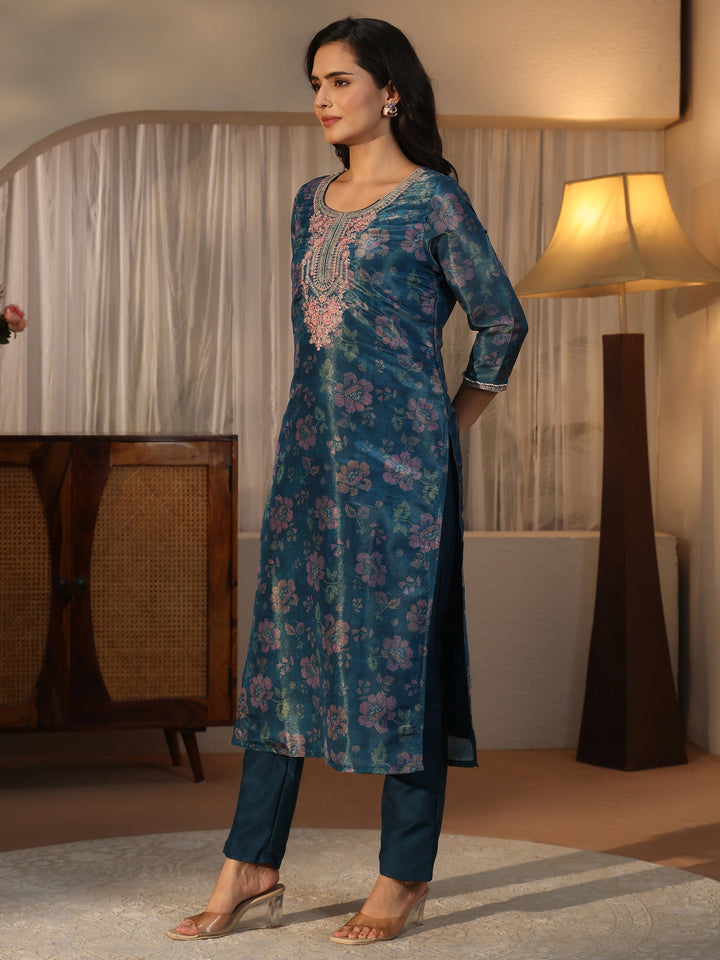 Libas Teal Blue Floral Printed Tissue Straight Suit Set