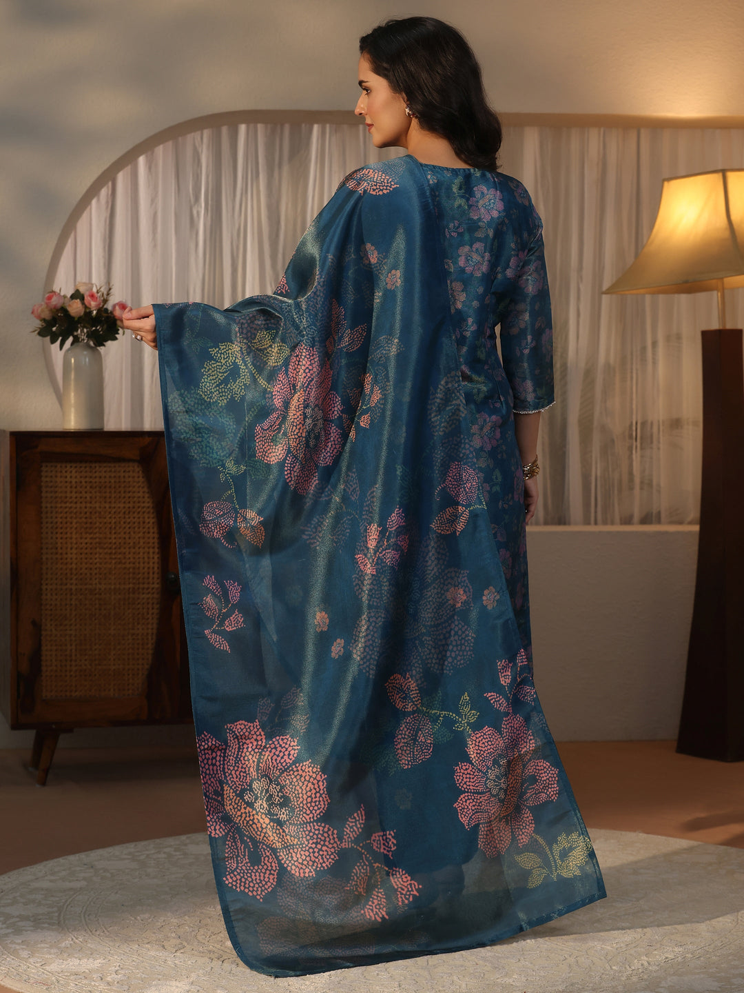 Libas Teal Blue Floral Printed Tissue Straight Suit Set
