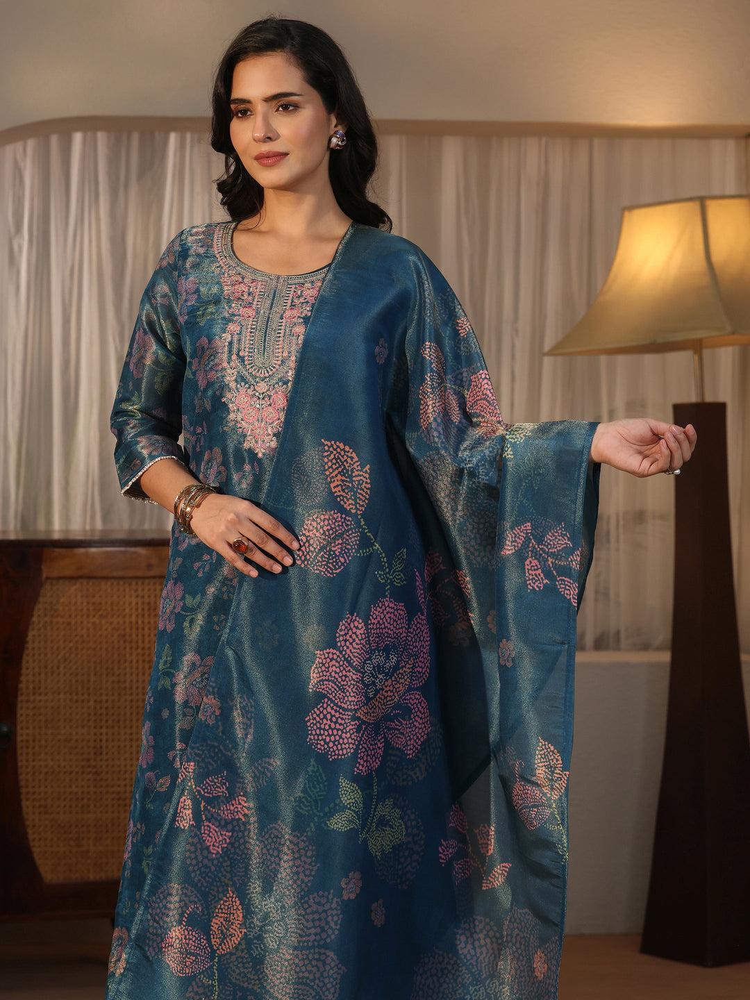 Libas Teal Blue Floral Printed Tissue Straight Suit Set