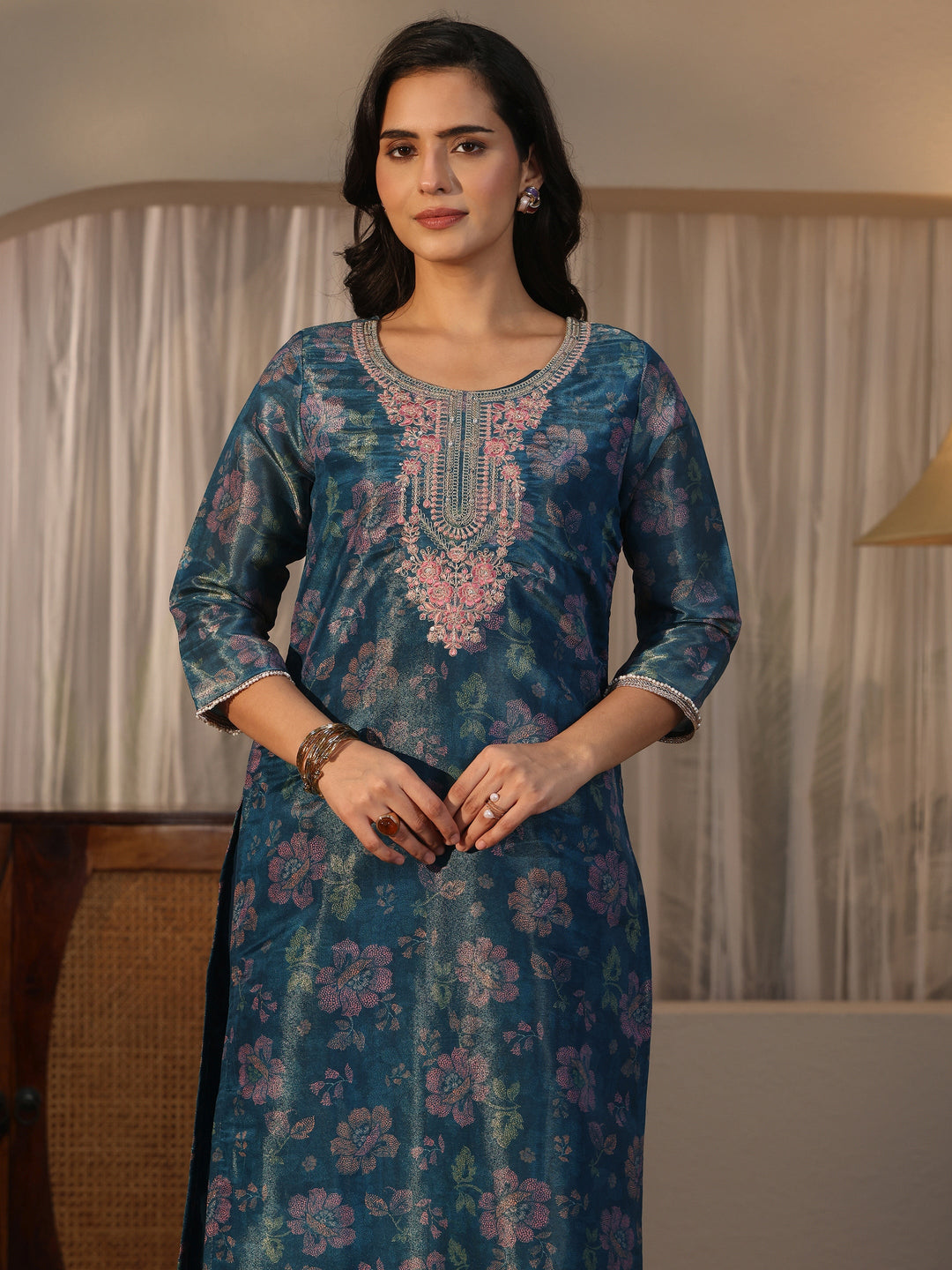 Libas Teal Blue Floral Printed Tissue Straight Suit Set