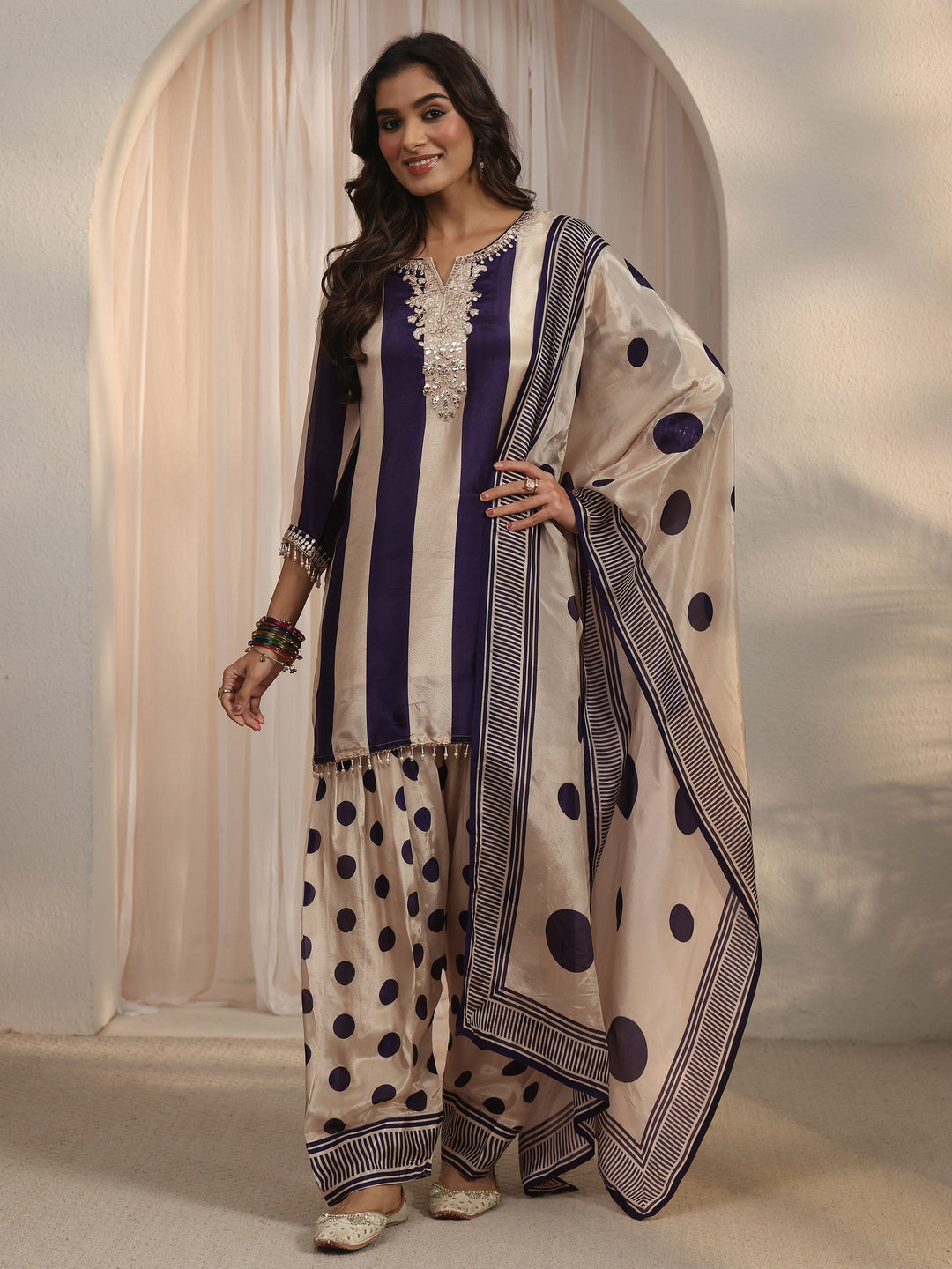 Libas Blue Striped and Polka Dot Organza Farshi Salwar Suit