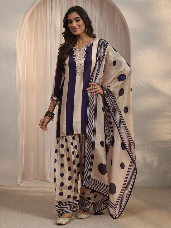 Libas Blue Striped and Polka Dot Organza Farshi Salwar Suit