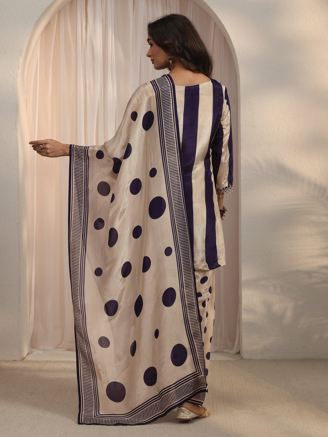 Libas Blue Striped and Polka Dot Organza Farshi Salwar Suit