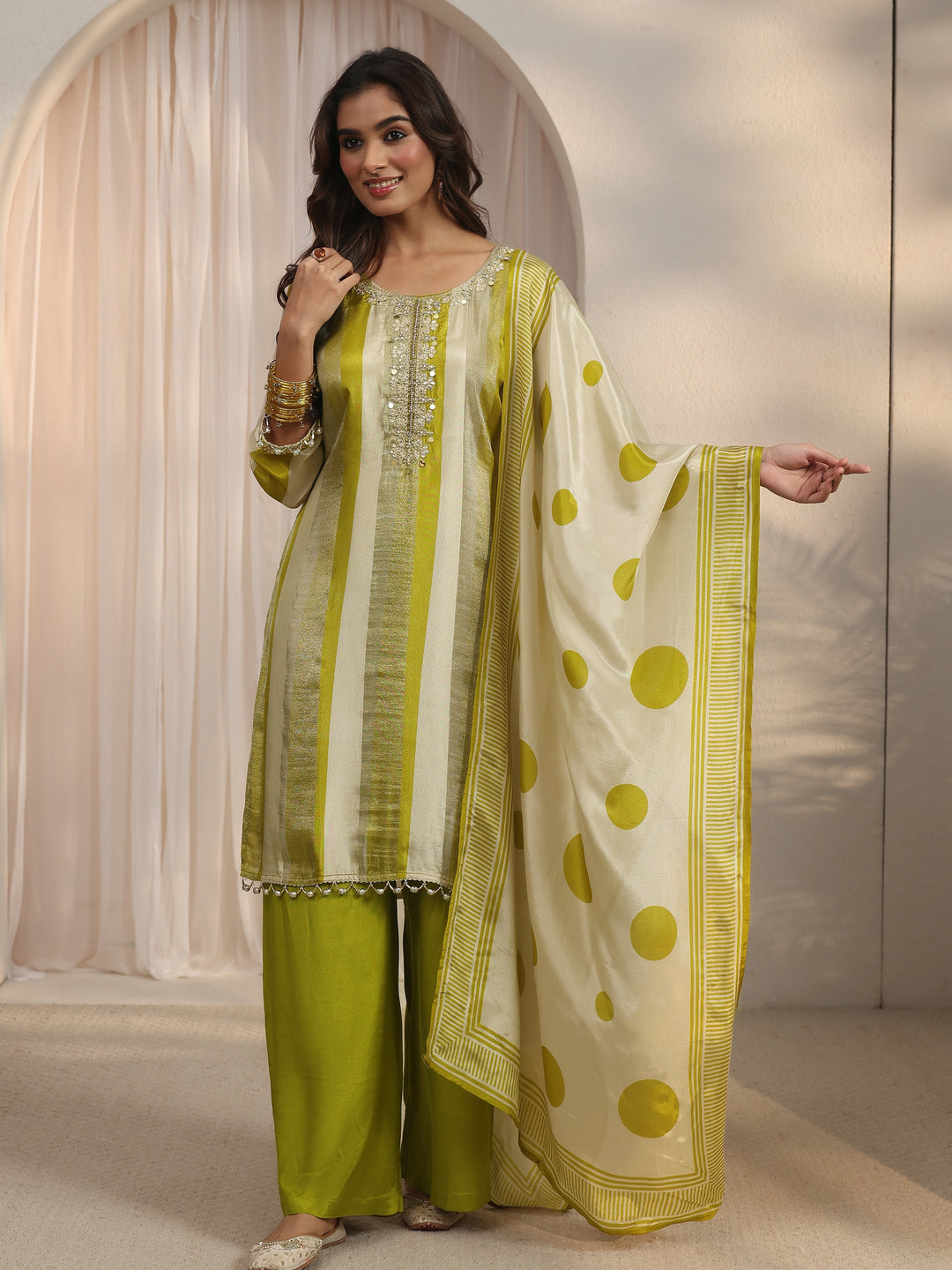 Libas Green Striped Organza Palazzo Suit Set