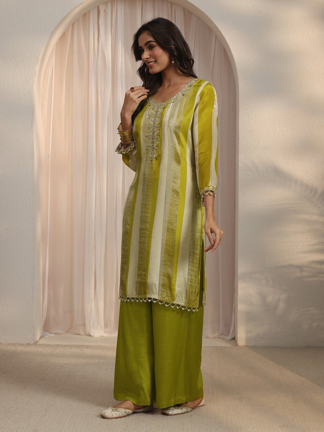 Libas Green Striped Organza Palazzo Suit Set
