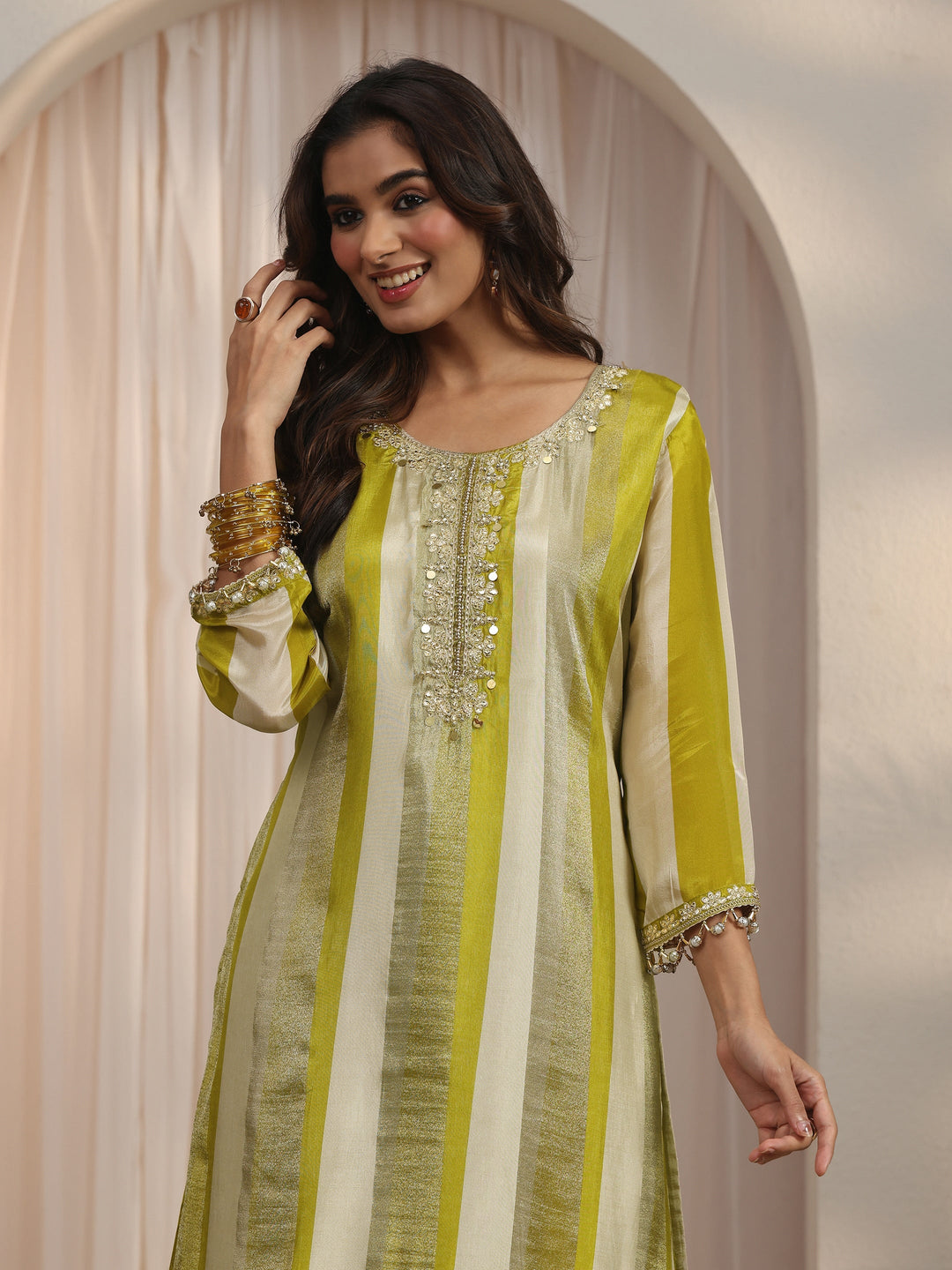Libas Green Striped Organza Palazzo Suit Set