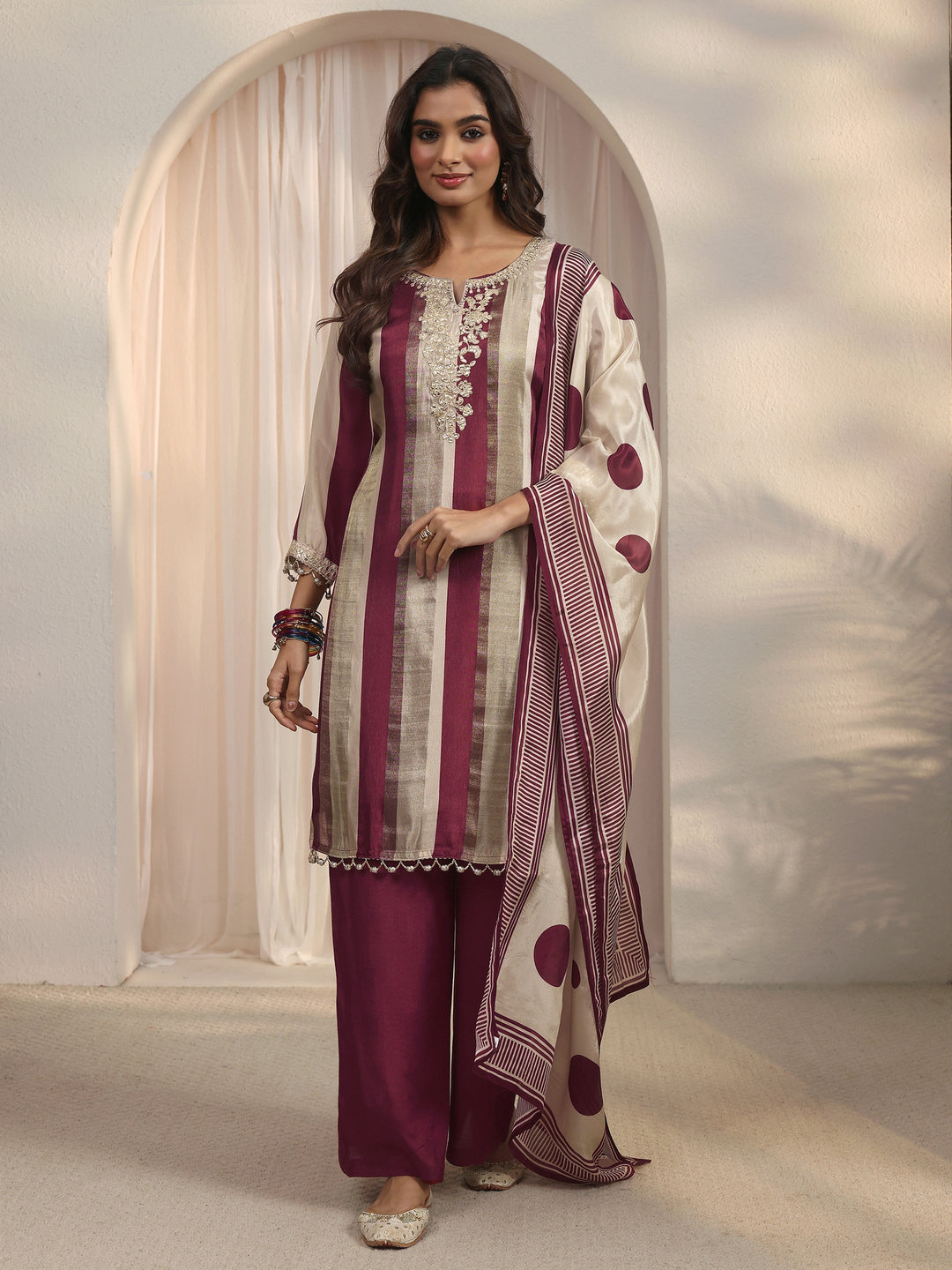 Libas Maroon Striped Organza Palazzo Suit Set