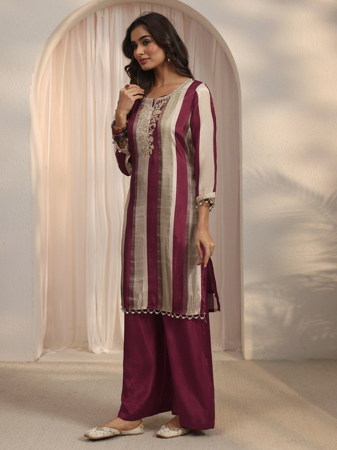 Libas Maroon Striped Organza Palazzo Suit Set