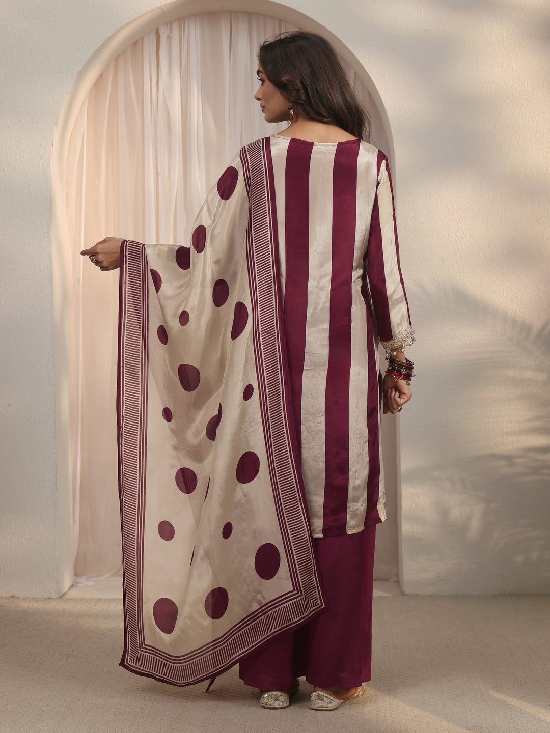 Libas Maroon Striped Organza Palazzo Suit Set