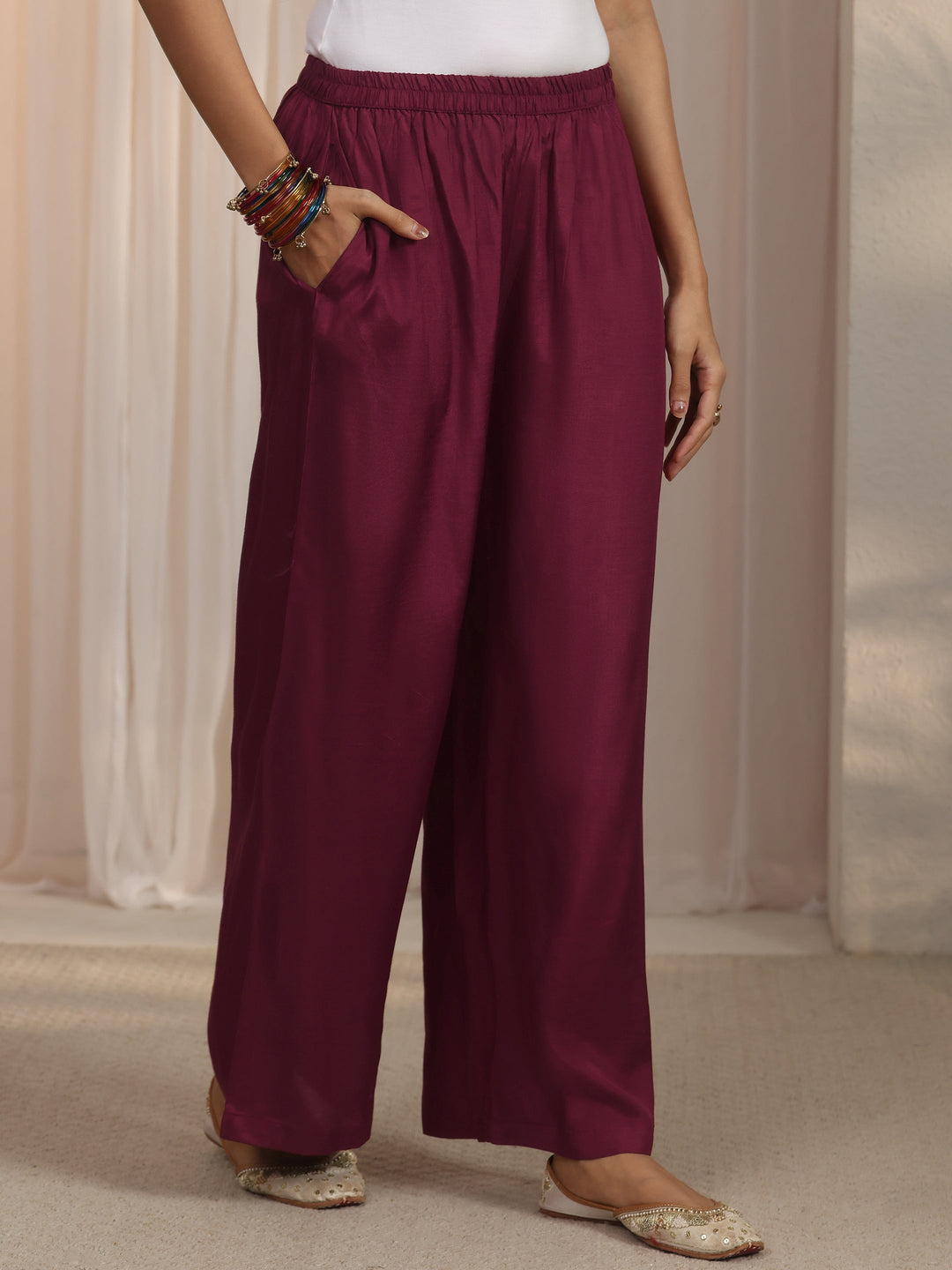Libas Maroon Striped Organza Palazzo Suit Set