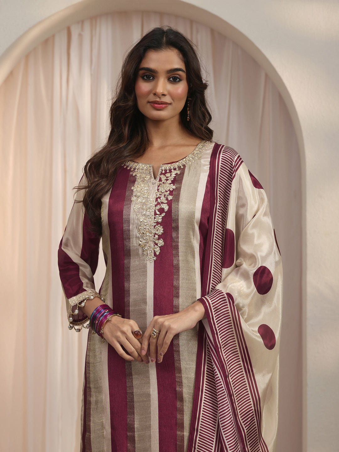 Libas Maroon Striped Organza Palazzo Suit Set
