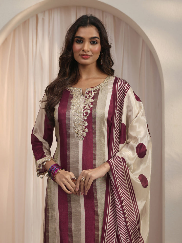 Libas Maroon Striped Organza Palazzo Suit Set
