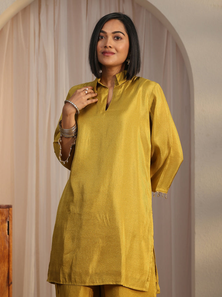 Libas Mustard Floral Embellished Tissue Bib Style Co-Ord Set