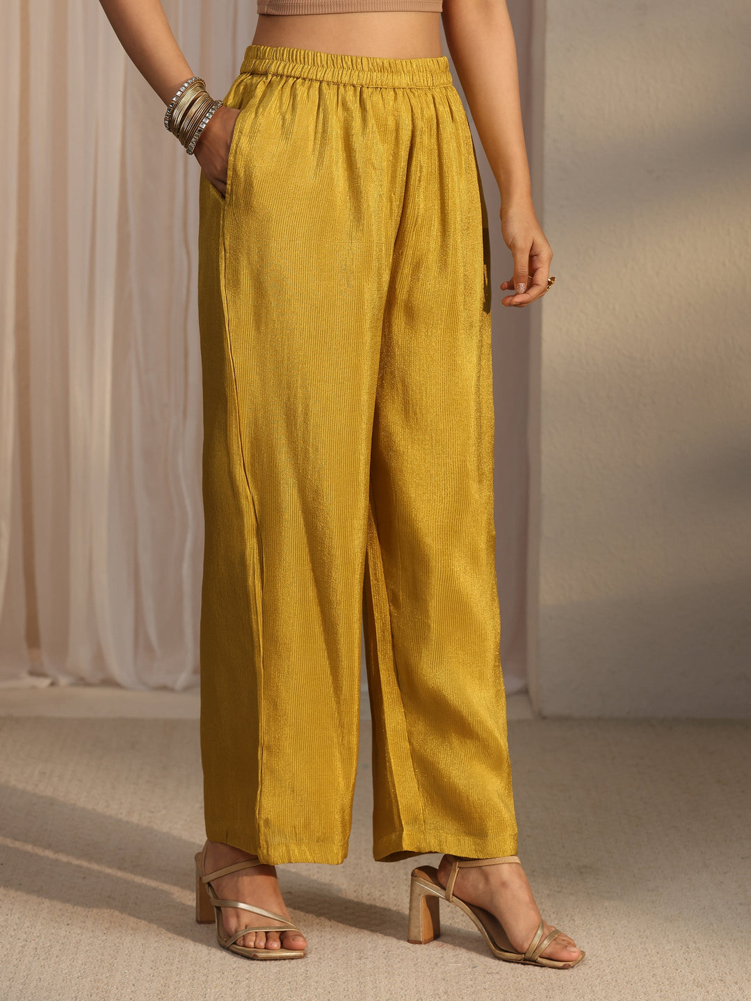 Libas Mustard Floral Embellished Tissue Bib Style Co-Ord Set
