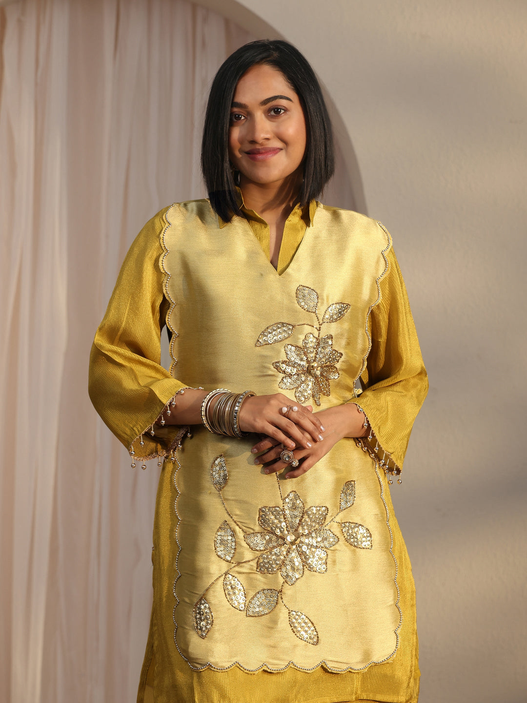 Libas Mustard Floral Embellished Tissue Bib Style Co-Ord Set