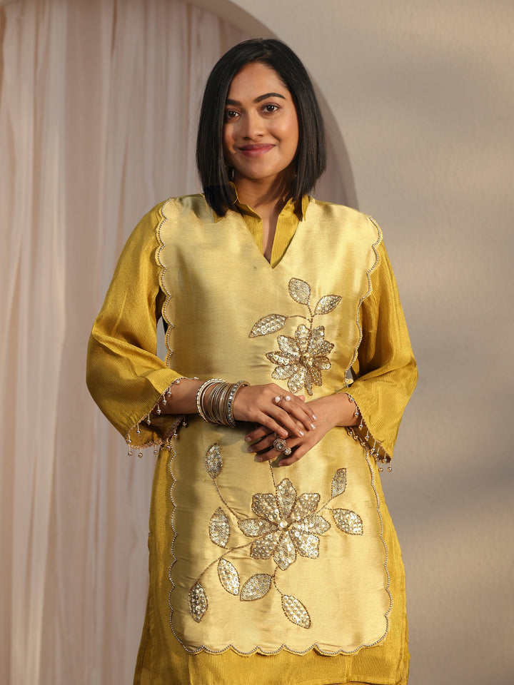 Libas Mustard Floral Embellished Tissue Bib Style Co-Ord Set