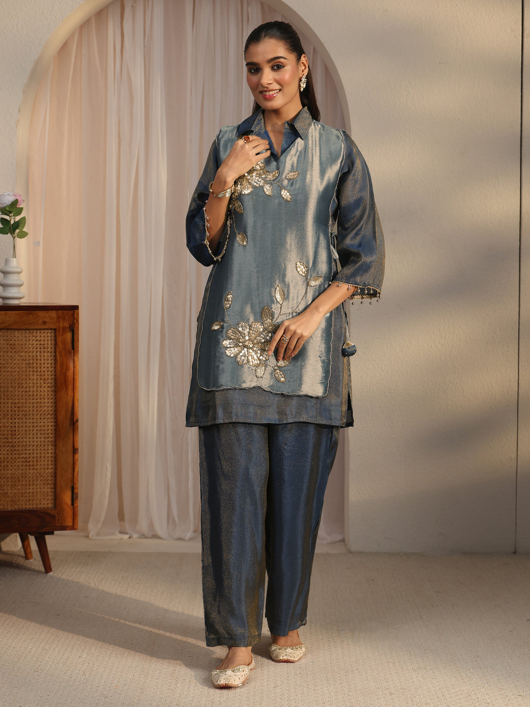 Libas Teal Blue Floral Embellished Tissue Bib Style Co-Ord Set