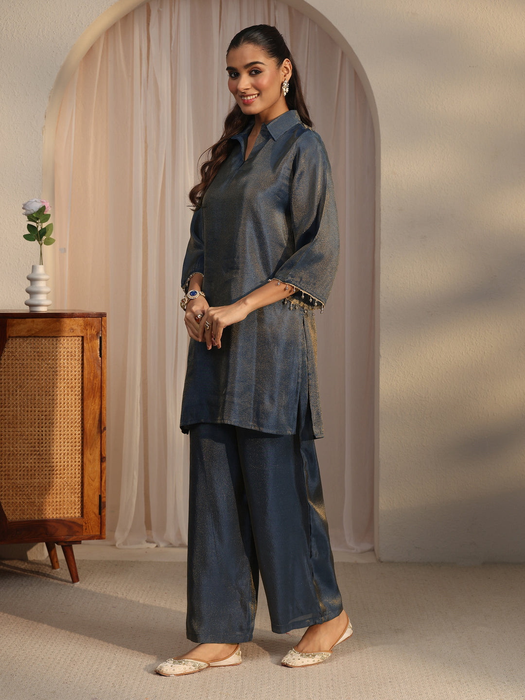 Libas Teal Blue Floral Embellished Tissue Bib Style Co-Ord Set