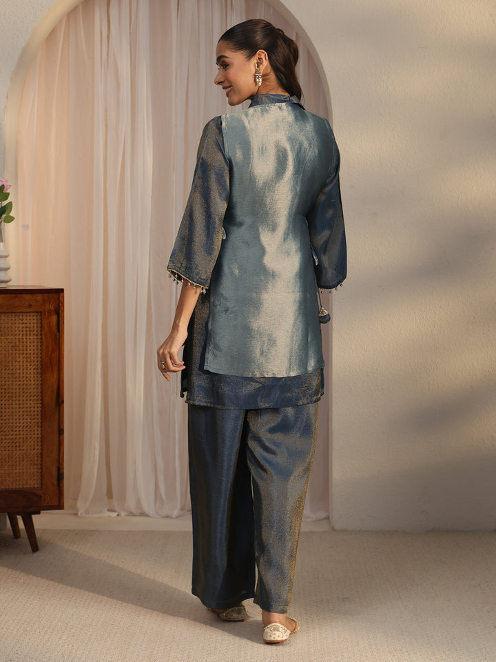 Libas Teal Blue Floral Embellished Tissue Bib Style Co-Ord Set