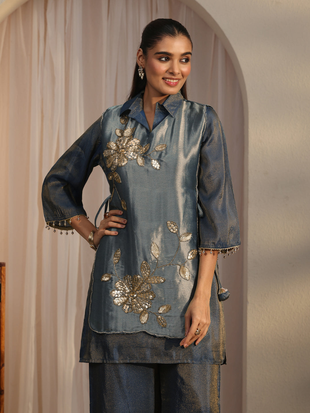 Libas Teal Blue Floral Embellished Tissue Bib Style Co-Ord Set