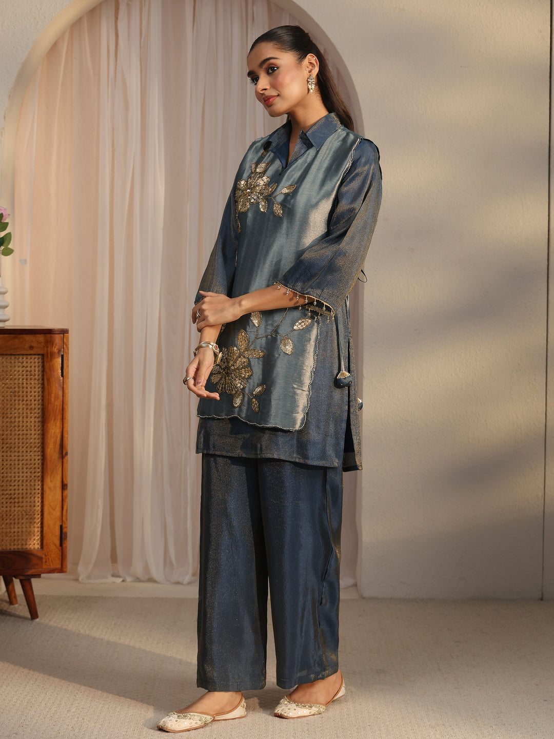 Libas Teal Blue Floral Embellished Tissue Bib Style Co-Ord Set