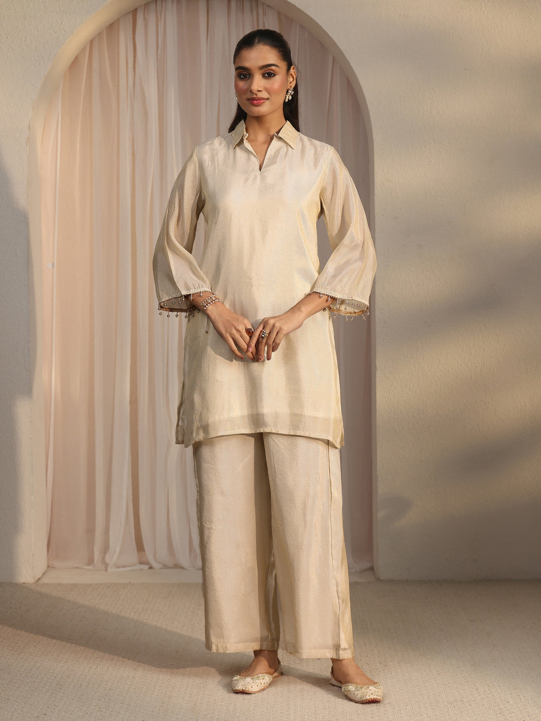 Libas Cream Floral Embellished Tissue Bib Style Co-Ord Set
