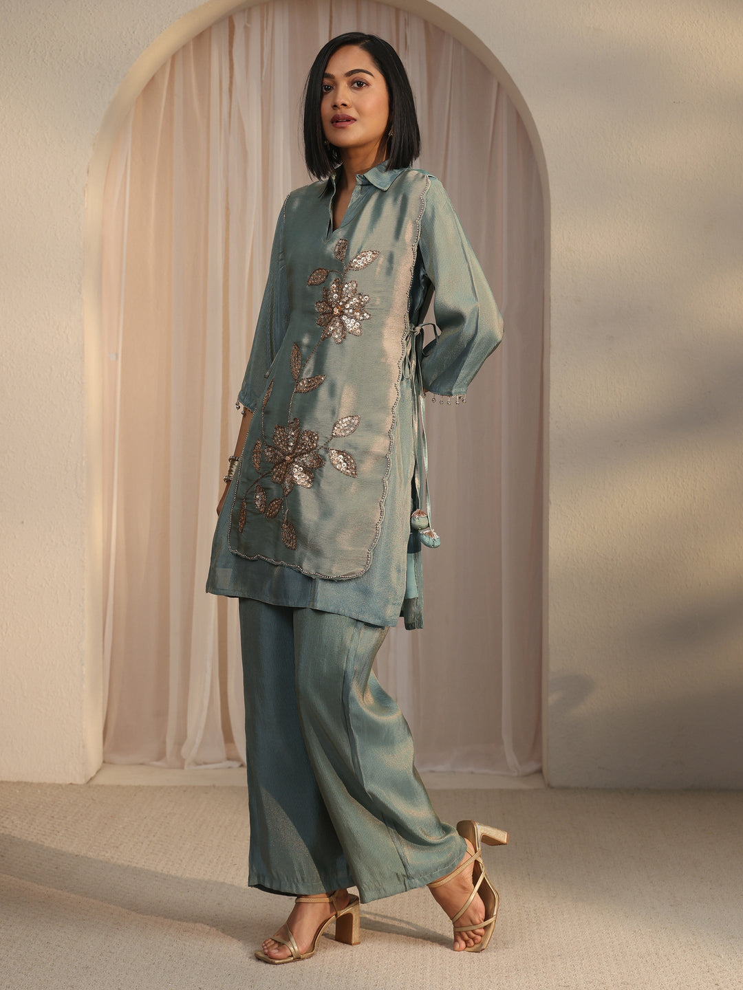 Libas Green Floral Embellished Tissue Bib Style Co-Ord Set