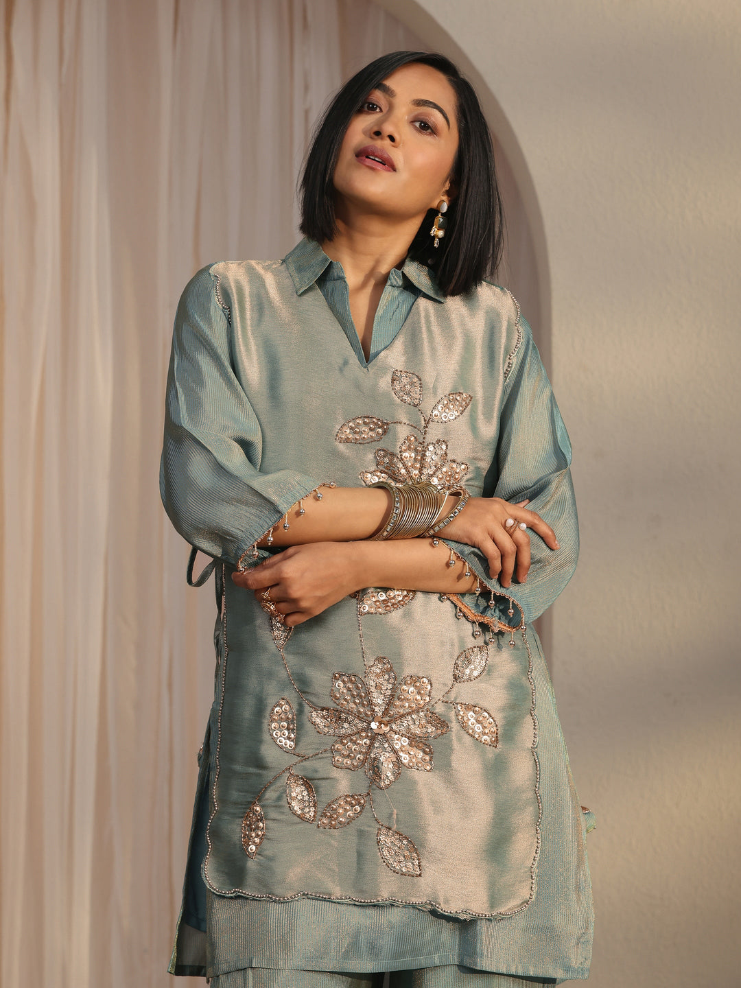 Libas Green Floral Embellished Tissue Bib Style Co-Ord Set