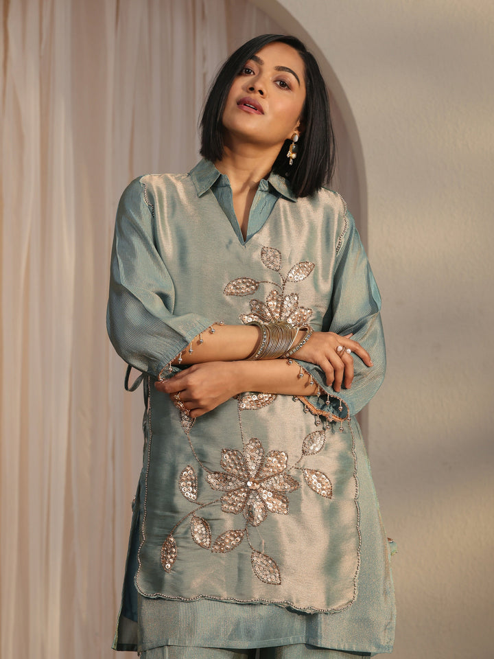 Libas Green Floral Embellished Tissue Bib Style Co-Ord Set