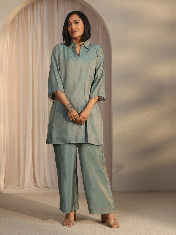 Libas Green Floral Embellished Tissue Bib Style Co-Ord Set