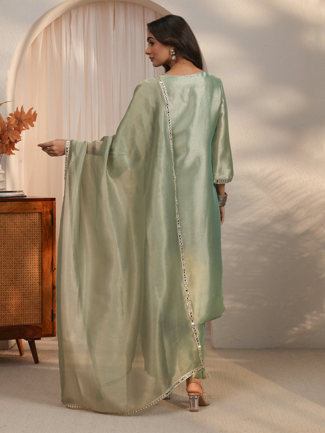 Libas Green Mirror Work Embellished Tissue Straight Suit Set
