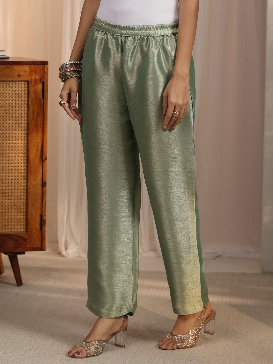 Libas Green Mirror Work Embellished Tissue Straight Suit Set