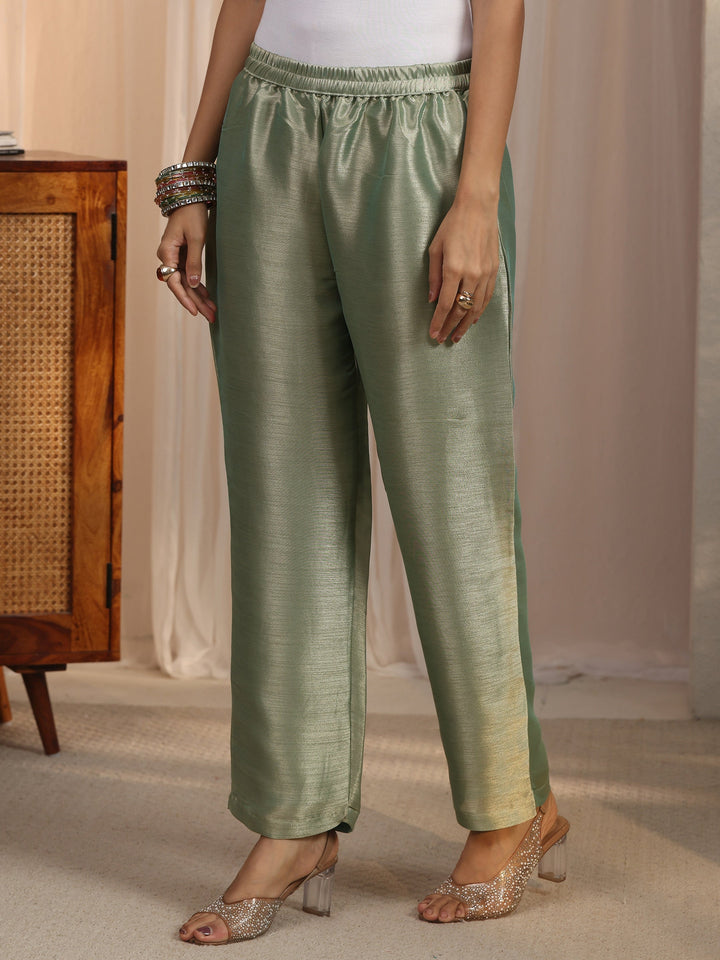 Libas Green Mirror Work Embellished Tissue Straight Suit Set