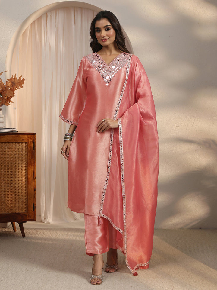 Libas Pink Mirror Work Embellished Tissue Straight Suit Set