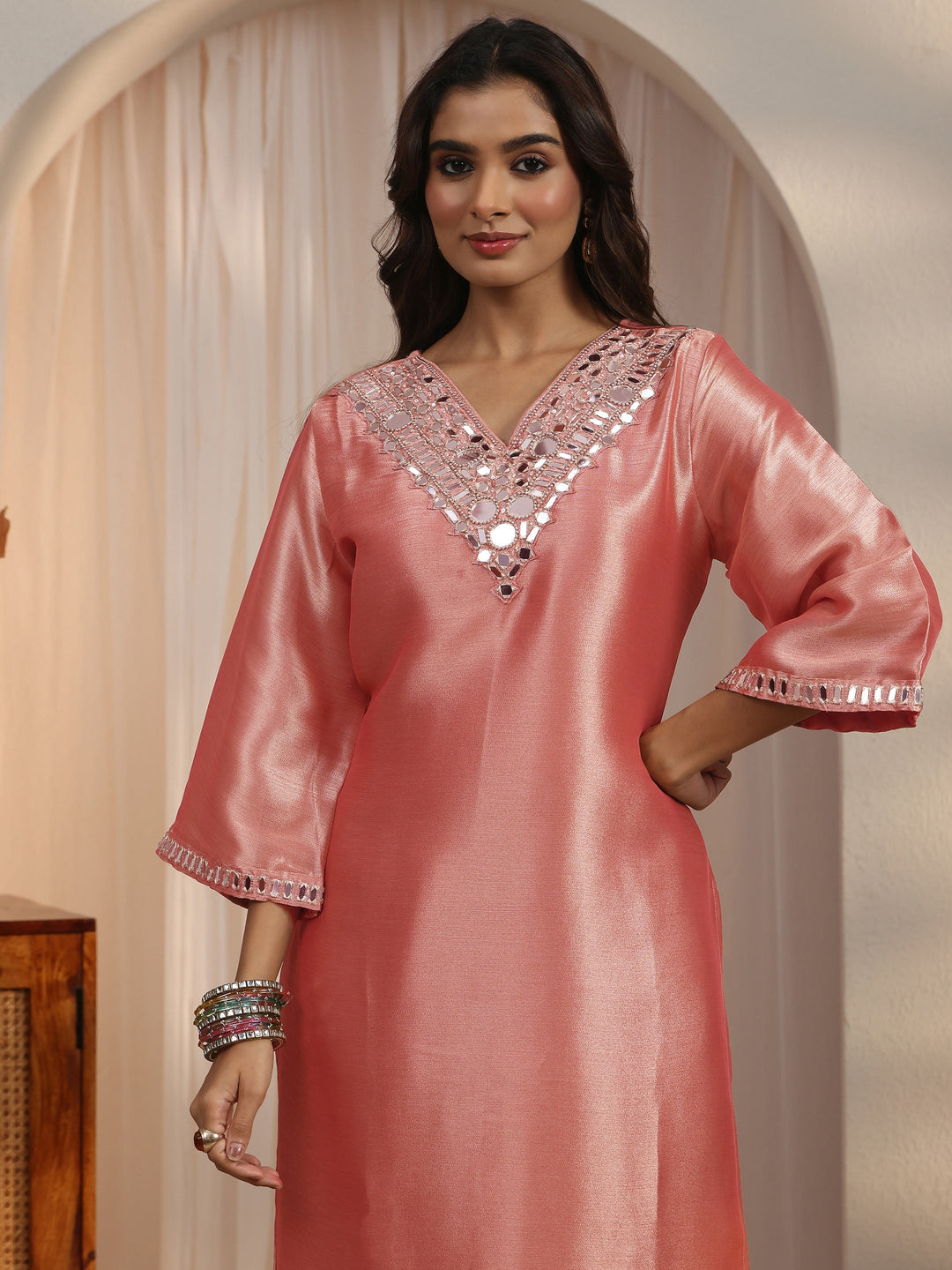 Libas Pink Mirror Work Embellished Tissue Straight Suit Set