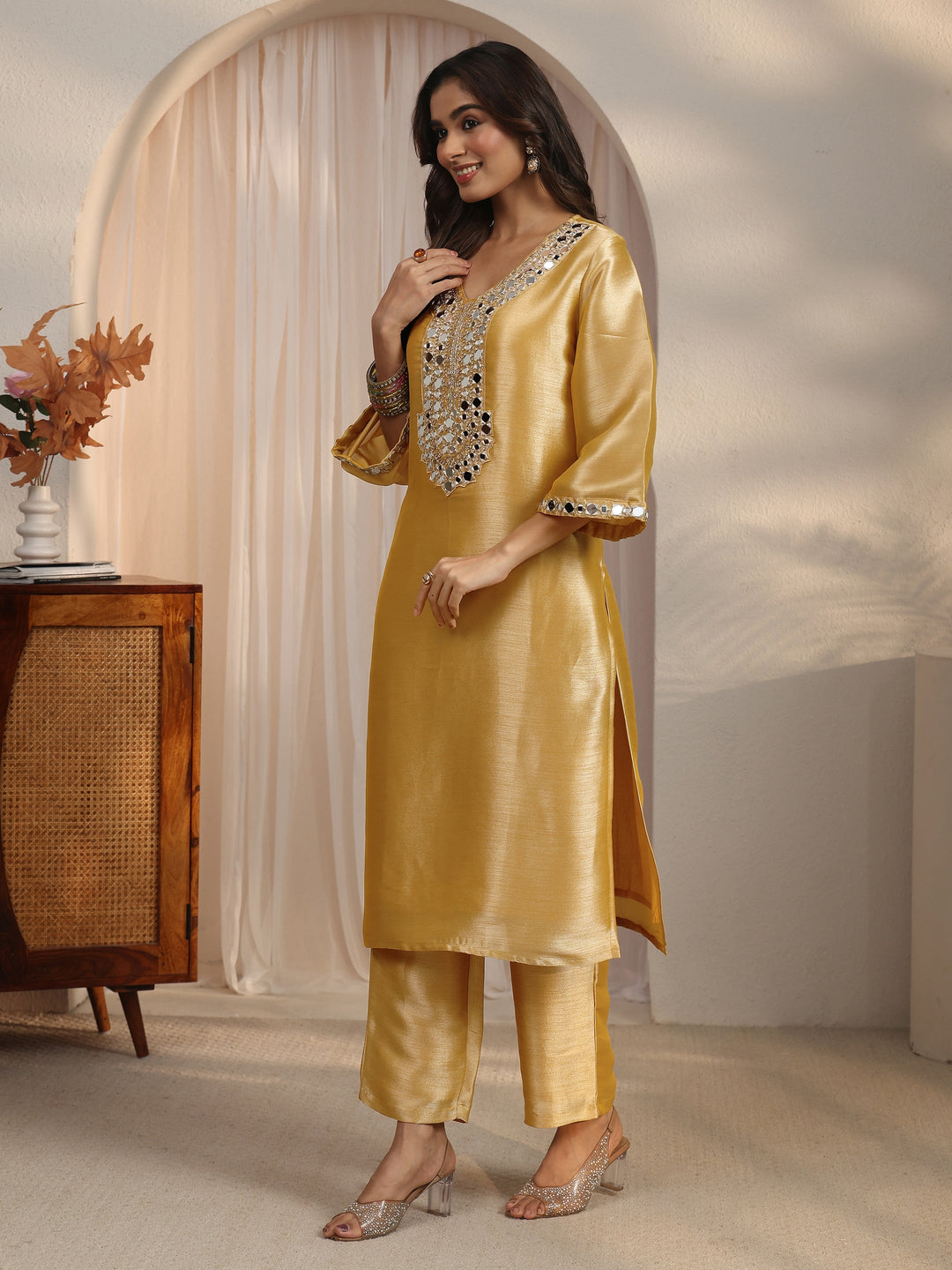 Libas Mustard Mirror Work Embellished Tissue Straight Suit Set