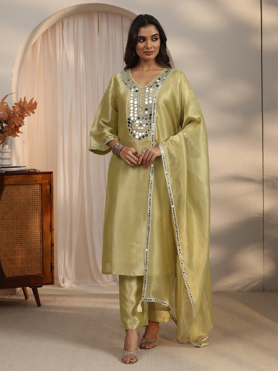 Libas Green Mirror Work Embellished Tissue Straight Suit Set