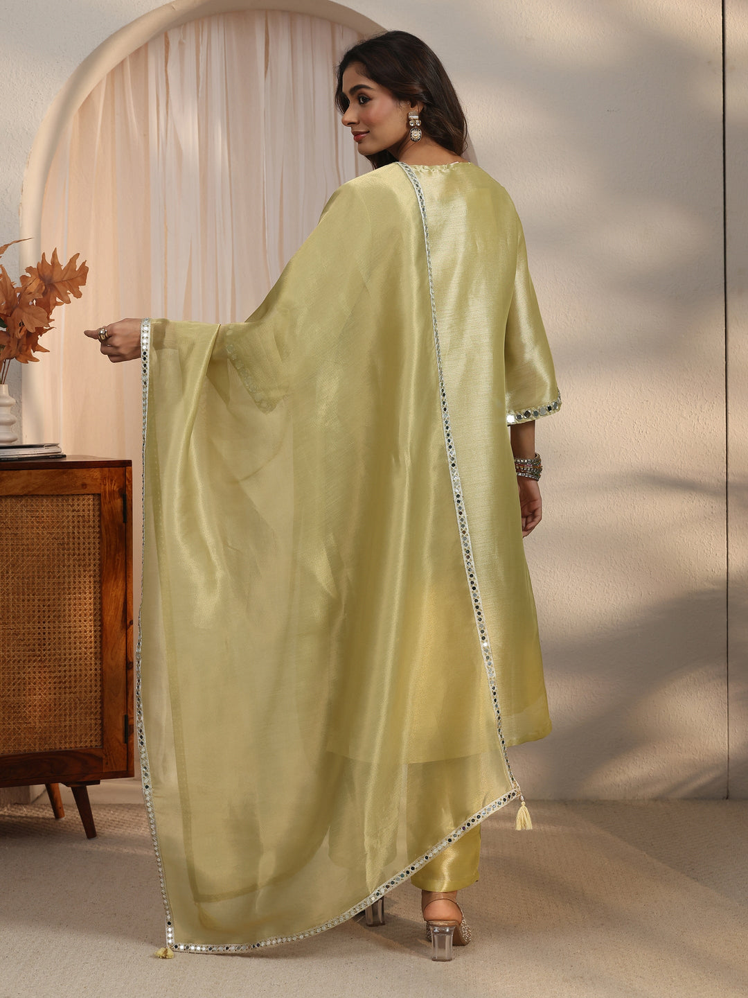 Libas Green Mirror Work Embellished Tissue Straight Suit Set
