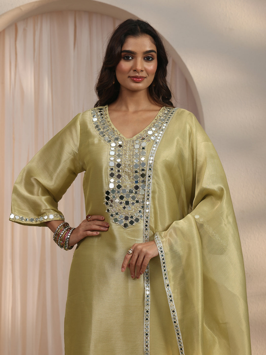 Libas Green Mirror Work Embellished Tissue Straight Suit Set