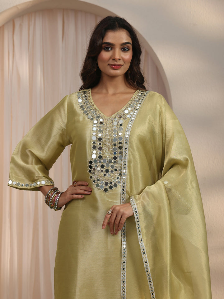 Libas Green Mirror Work Embellished Tissue Straight Suit Set