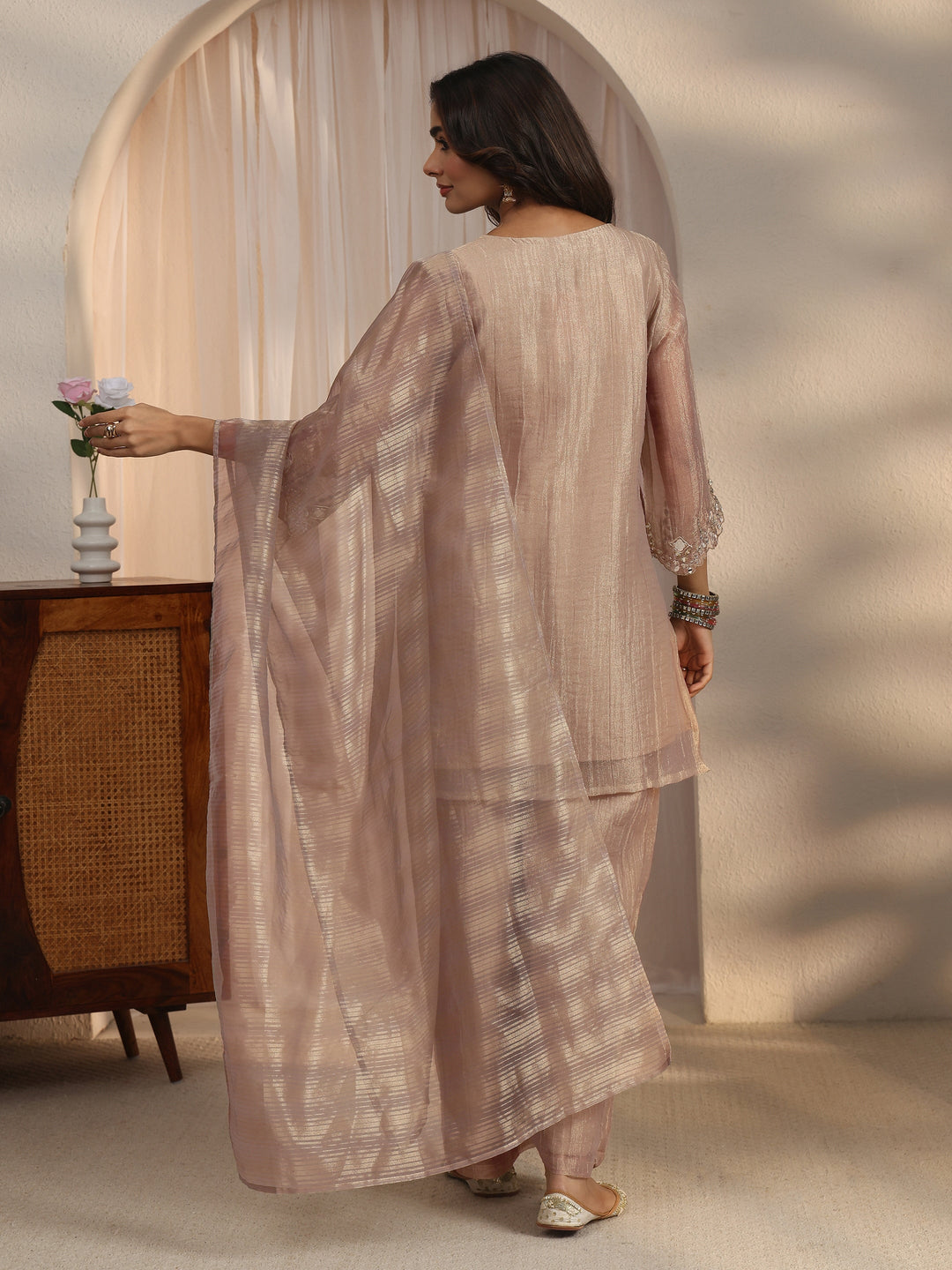 Libas Beige Mirror Work Embellished Tissue Palazzo Suit Set