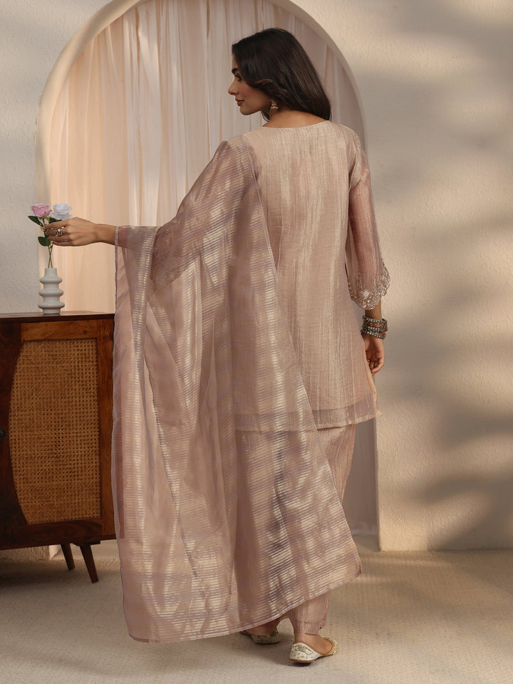 Libas Beige Mirror Work Embellished Tissue Palazzo Suit Set