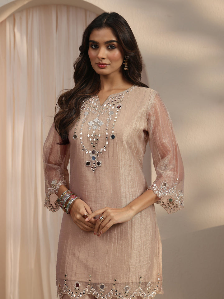 Libas Beige Mirror Work Embellished Tissue Palazzo Suit Set