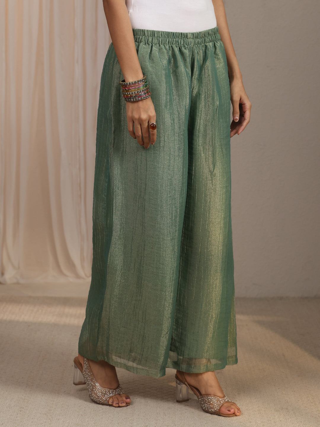 Libas Green Mirror Work Embellished Tissue Palazzo Suit Set