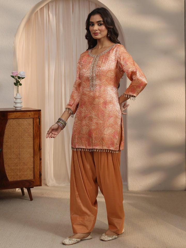 Libas Orange Floral Woven Design Silk Blend Farshi Salwar Suit