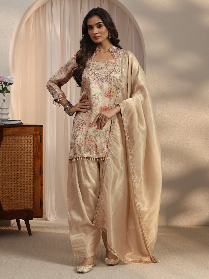 Libas Beige Floral Woven Design Silk Blend Farshi Salwar Suit