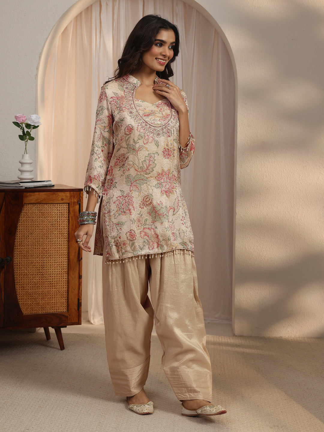 Libas Beige Floral Woven Design Silk Blend Farshi Salwar Suit