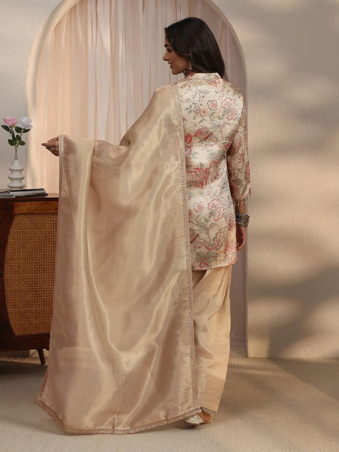 Libas Beige Floral Woven Design Silk Blend Farshi Salwar Suit
