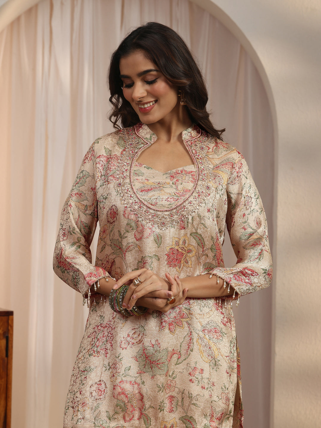 Libas Beige Floral Woven Design Silk Blend Farshi Salwar Suit