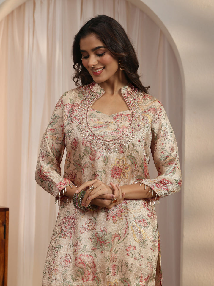 Libas Beige Floral Woven Design Silk Blend Farshi Salwar Suit